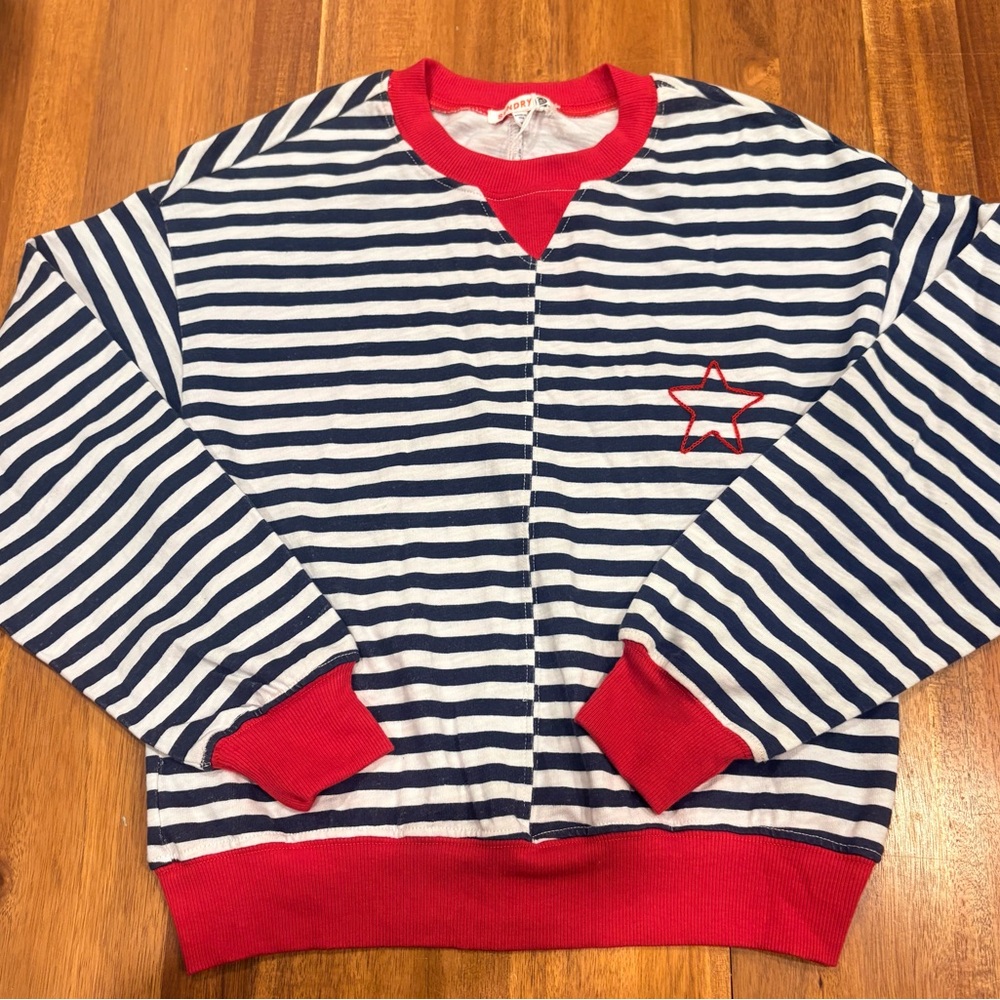 Sundry Navy White Stripe Star Sweatshirt Pullover Red Trim Made In USA XS NWT
